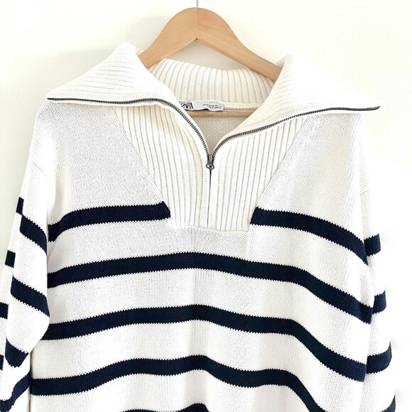 New Zara Striped Half-Zip Cotton Sweater Size M - Picture 6 of 12